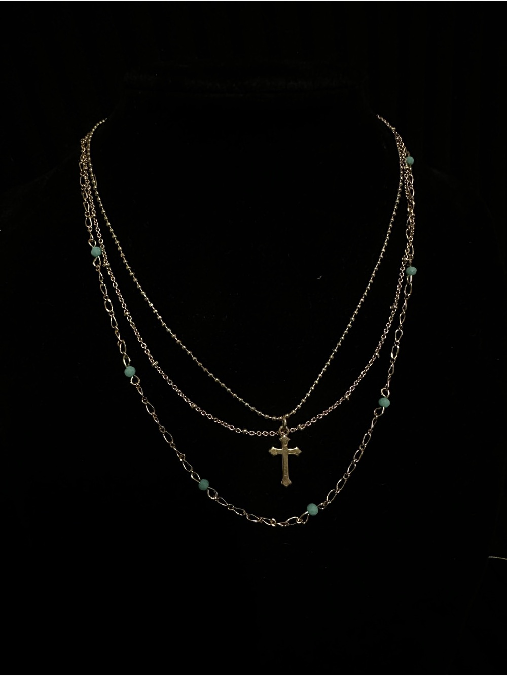 Avon Vintage Gold Layered Cross Multi Strand Necklace with Turquoise Beads Boho